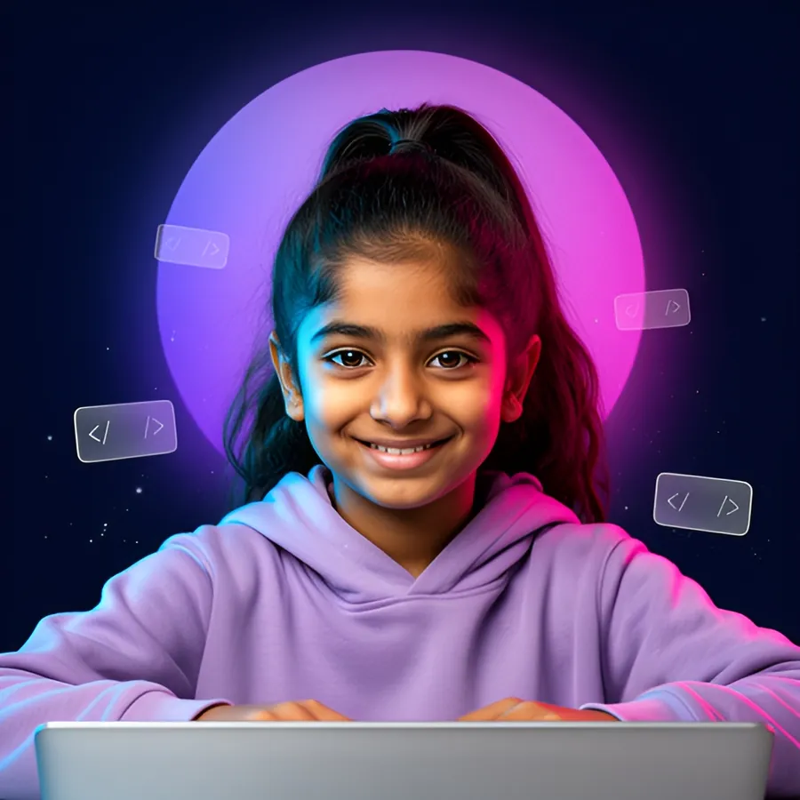 A smiling student at a laptop, learning to code with Codewaala